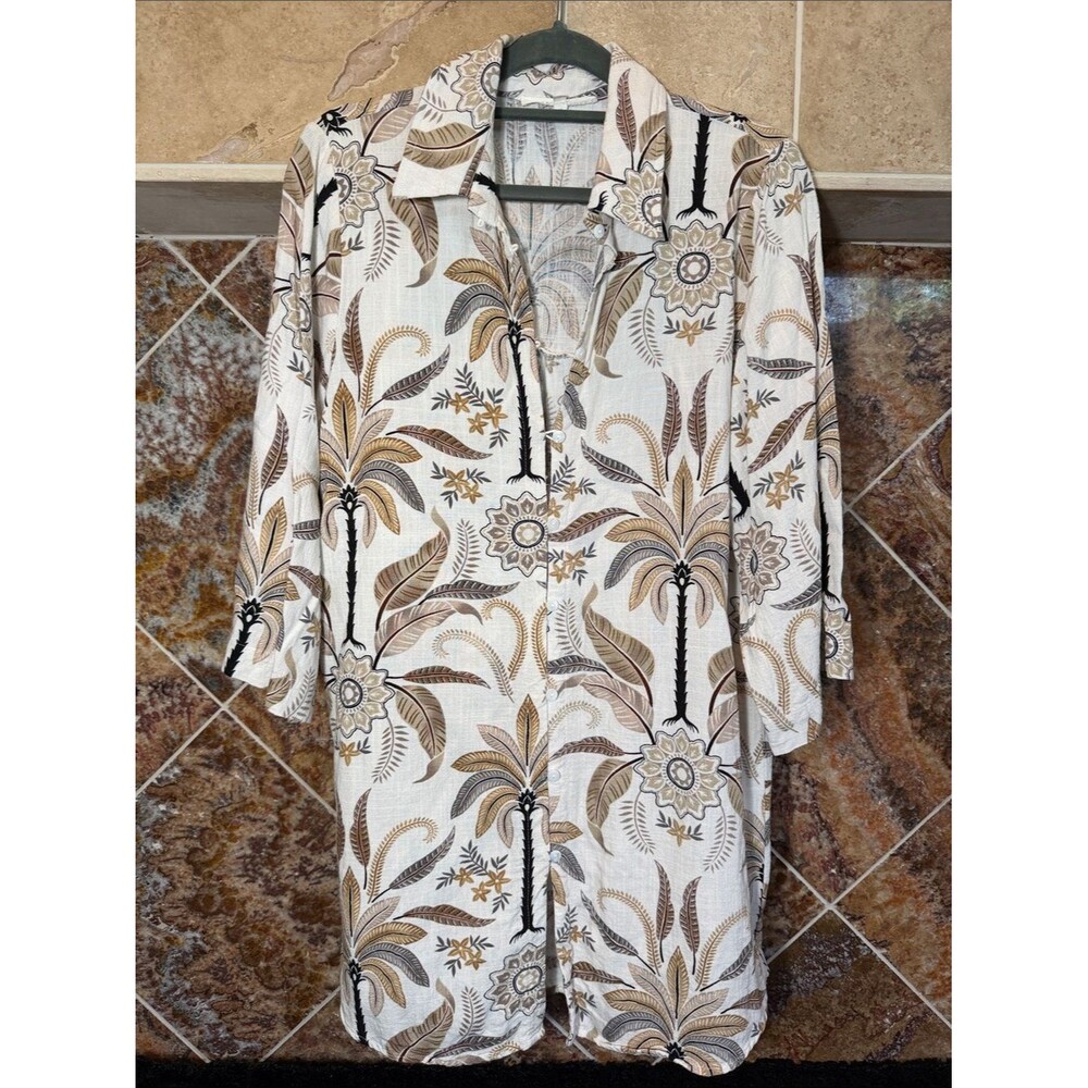Label of Love Beige Brown Palm Floral Safari Button Front Tunic Dress Small